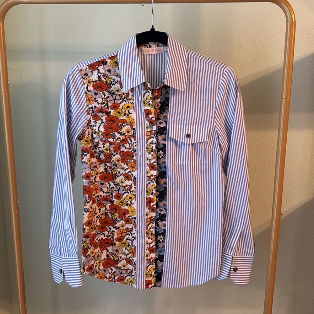 Tory Burch Patchwork Printed Shirt In Ivory Blossom Ditsy Size 0